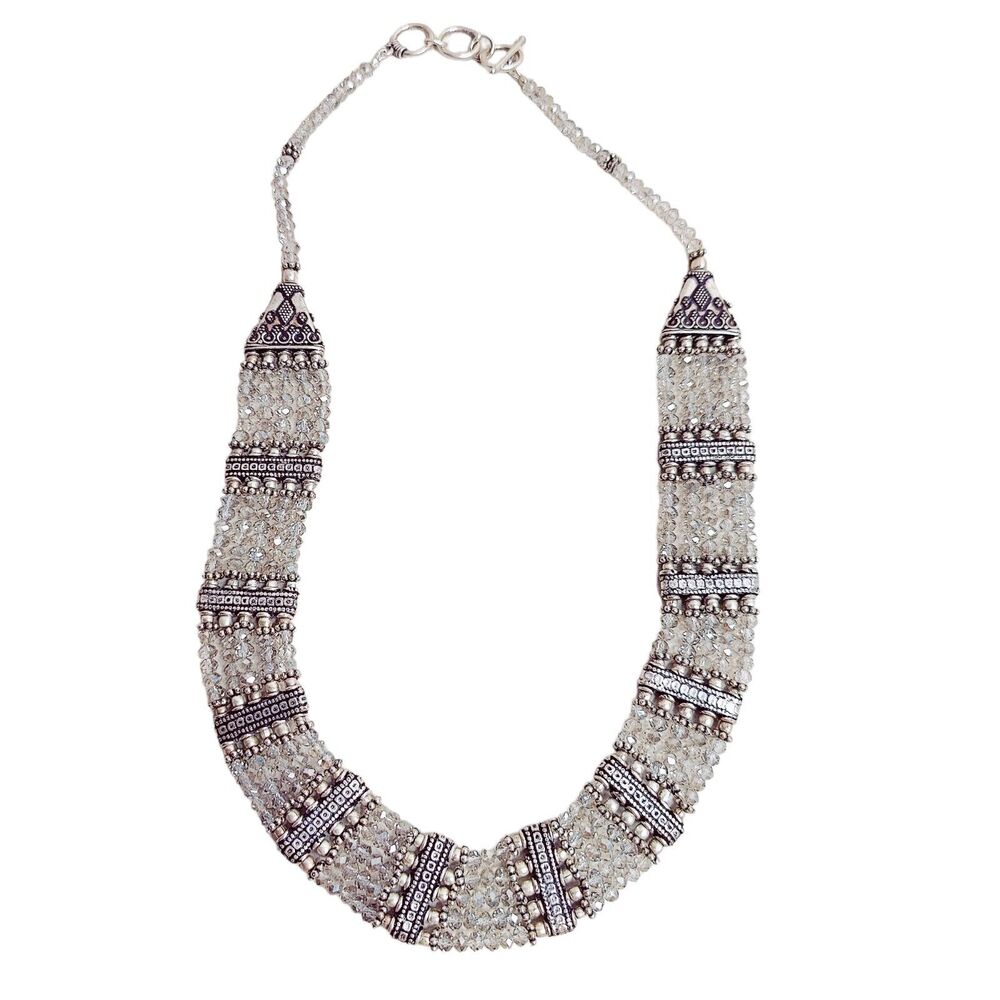 Womens Handmade Folk Bohemian Silver‎ & Clear Beaded Bib Necklace Jewelry